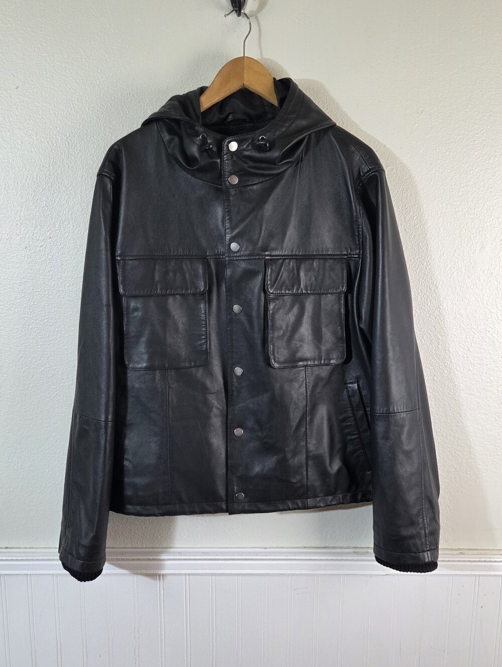 Deadwood Lambskin Leather Hooded Jacket Mens M Black Swedish Streetwear Coat